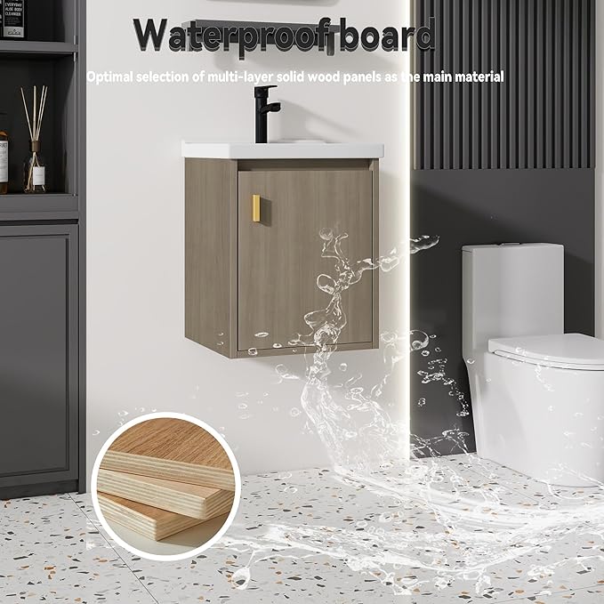 16'' Bathroom Vanity with Ceramic Sink Combo, Wall Mounted Small Bathroom Vanity with Soft-Close Door Modern Floating Cabinet, Pop-up Drain, P-Trap Included, BrownWalnut(No Faucet)