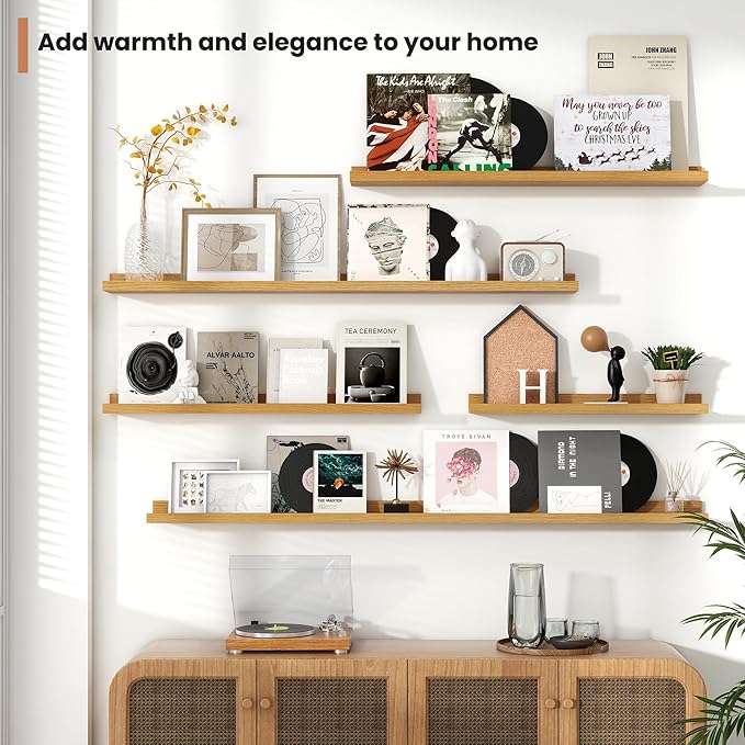 Fun Memories Picture Ledge Shelves Set of 2, 36 Inch Rustic Wall Mounted Floating Shelves with Lip for Home Storage and Décor in Bathroom, Kitchen, Nursery, Bedroom, Living Room, Oak