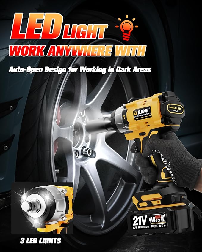 Cordless Impact Wrench - 590Ft-lbs (800N.m) Brushless 1/2 inch, 3300RPM High Torque Impact Gun, 2x 4.0Ah Battery, Charger & 7 Sockets, Electric Impact Wrench for Car Home
