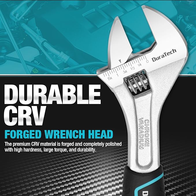 DURATECH 10-Inch Adjustable Wrench, Cr-V Steel Wrench, Wide Jaw Wrench, Metric & SAE Scales, for Home, Garage, Workshop and DIY