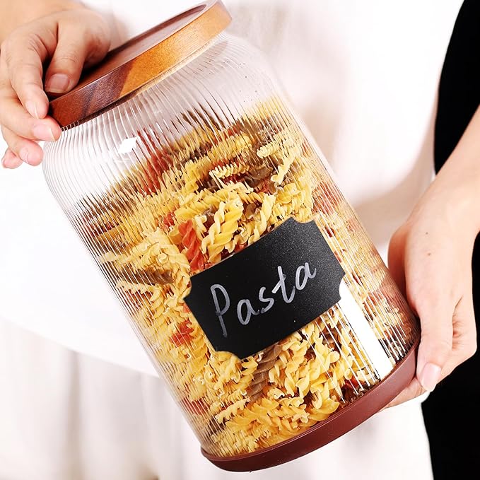 SAIOOL 2-Pack Striped Borosilicate Glass Airtight Canisters - Big mouth Large Capacity, Acacia Wood Lid, Food Storage Jars for Flour, Pasta, Pantry Organization (1 Gallon (2 Striped pack))