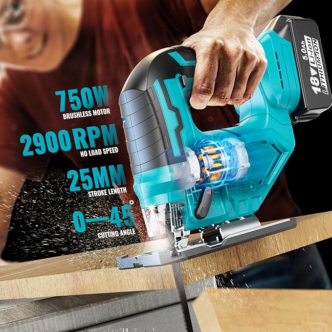 JigSaw Compatible With Makita 18V Battery, Brushless Cordless jigsaw tool with Variable Speed LED Light, ±45° Bevel Cuts 3-Position Orbital Action for Cutting (With 5Ah Battery & Charger Station Kit)