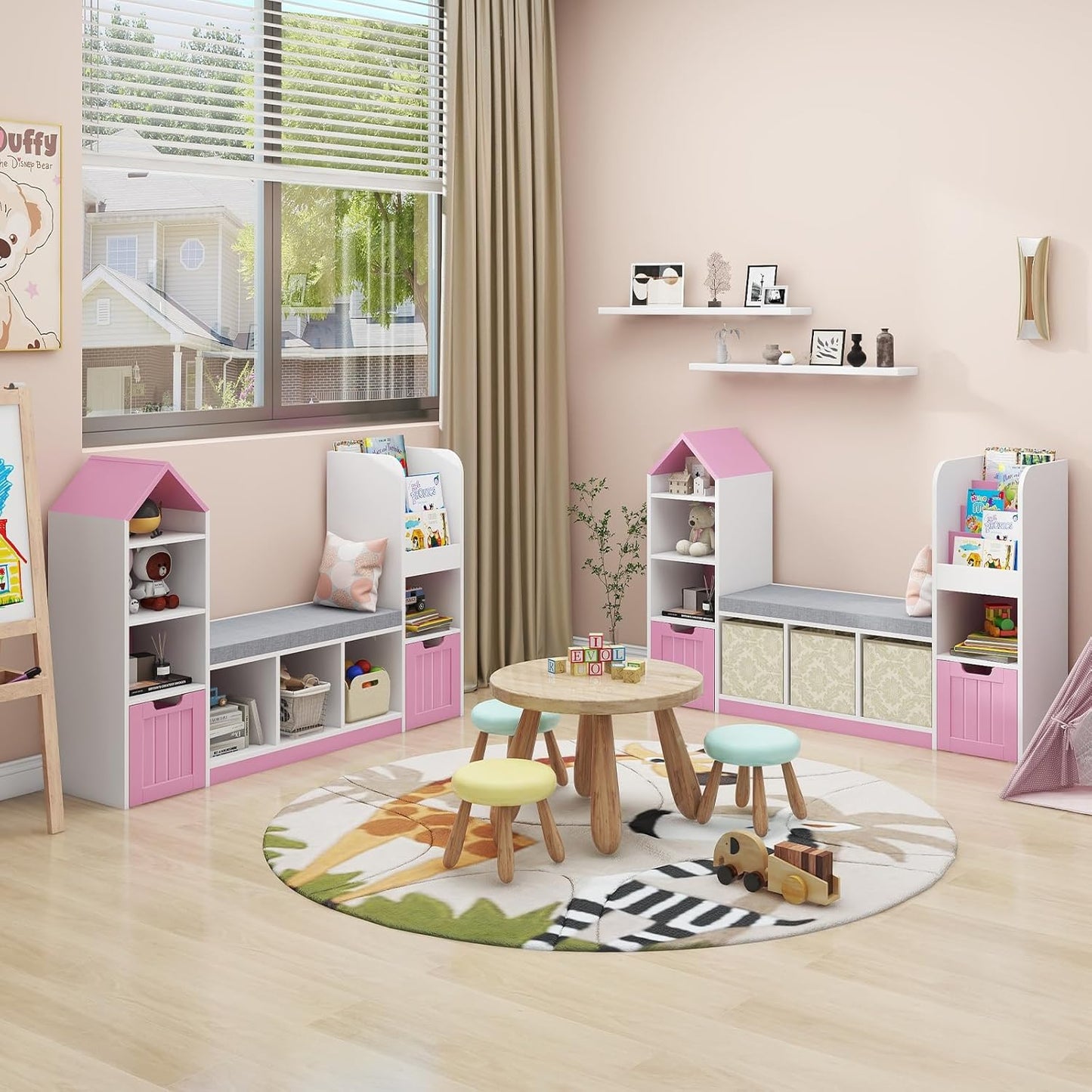 Toy Storage Organizer for Kids Bookshelf with Reading Nook, Multifunctional Kids Bookcase with 7 Storage Cubbies, 2 Movable Drawers and Seat Cushion for Keeping Kids' Toys Books Organized, Pink