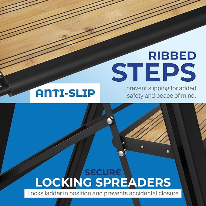 Step Ladder 4 Step Folding, Decorative - Beautiful Bamboo & Black Aluminum, Ultra Slim Profile, Anti Slip Steps, Sturdy-Portable for Home, Office, Kitchen, Photography Use,by SORFEY