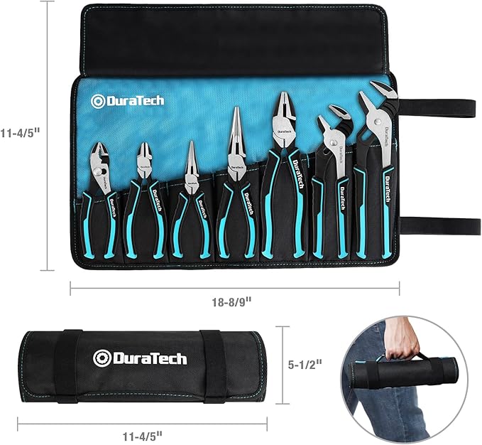 DURATECH 7-Piece Pliers Set with Rolling Pouch, Premium Cr-Ni Construction (10", 8" Groove Joint Pliers, 8", 6" Long Needle Nose, 8" Linesman, 6" Slip Joint, 6" Diagonal) for Basic Repair