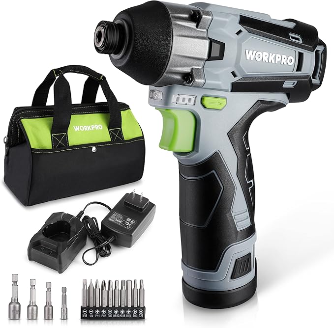 WORKPRO Cordless Impact Driver Kit, 1/4” Hex Electric Impact Drill/Driver Set with 12V 2.0Ah Lithium-ion Battery, 1 Hour Fast Charge, Variable Speed, 14pc Driver Bits and Tool Bag Included