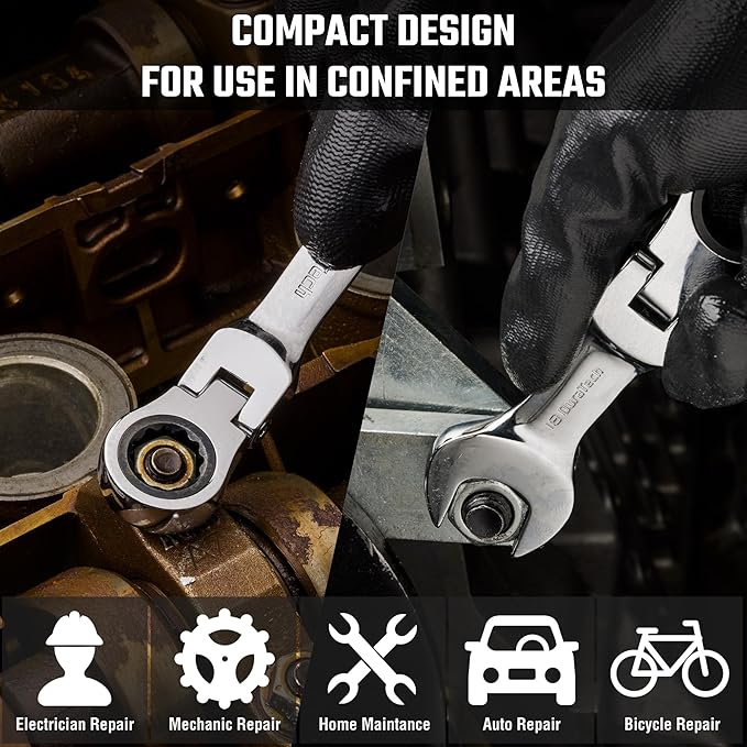 DURATECH Stubby Flex-head Ratcheting Combination Wrench Set, Metric, 12-piece, 8-19mm, CR-V Steel, with Pouch