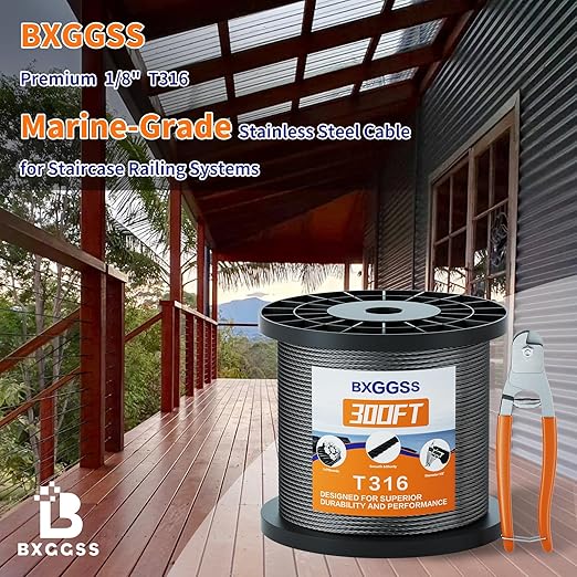 1/8 T316 Black Stainless Steel Cable – 300FT Steel Wire Rope for Cable Railing Kit and Hardware – Heavy Duty, Corrosion-Resistant, Flexible Design for DIY, Marine, and Outdoor Applications