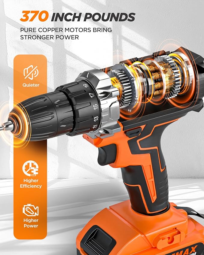Cordless Drill Set, KELNOW 21V PowerDrill with Power Pack and Charger, 3/8-Inch Keyless Chuck ElectricDrill, 25+1 Position, 2 Speed, 27pcs Drilldriver Bits Tool Drills for DIY Projects