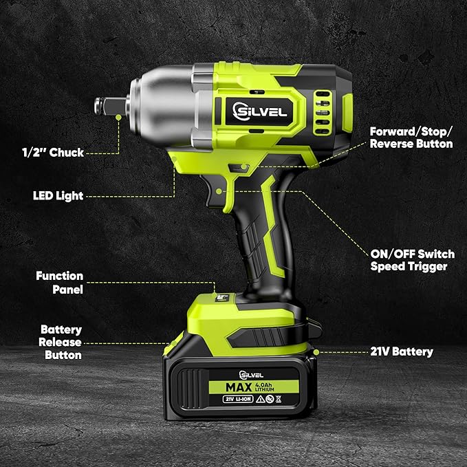 SILVEL Cordless Impact Wrench, MAX 650N.M Brushless Impact Gun 1/2 inch, 4.0Ah Battery, 6 Sockets, 3300RPM Impact Driver wih Fast Charger
