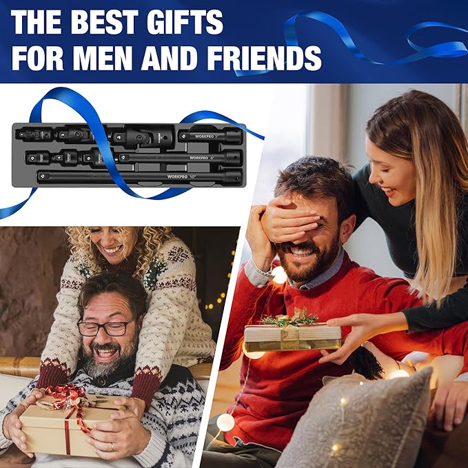 WORKPRO 9 PCS Socket Accessory Set, Includes 3/8" Impact Drive Extension Bar Set, 1/4", 3/8" & 1/2" Drive Universal Joints and Adapters, Premium Chrome Vanadium Steel with Black Phosphate Finish