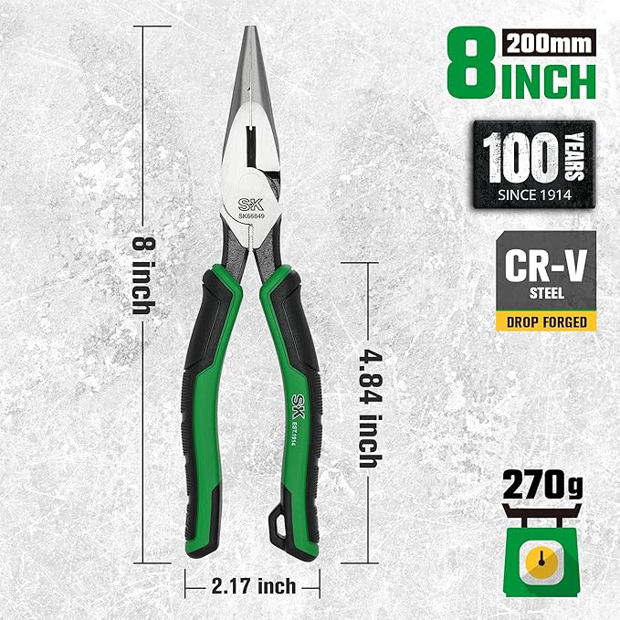 SK 8-Inch Long Nose Pliers, Needle Nose Pliers, Premium CR-V Steel Construction, Ergonomic Anti-slip Handle for Comfortable Grip