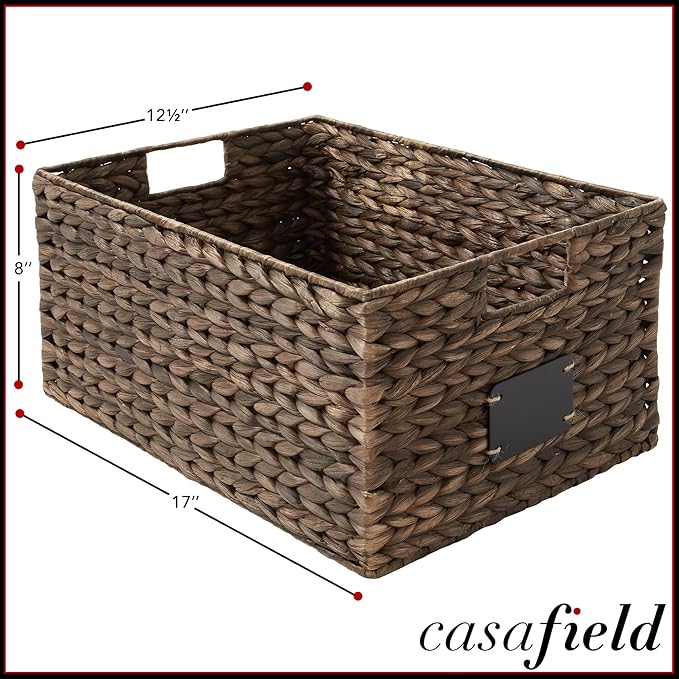 Casafield Set of 2 Water Hyacinth Pantry Baskets, 12-1/2" x 17" x 8", with Chalkboard Labels and Chalk Marker - Espresso, Woven Storage Bin Organizers for Kitchen Shelves