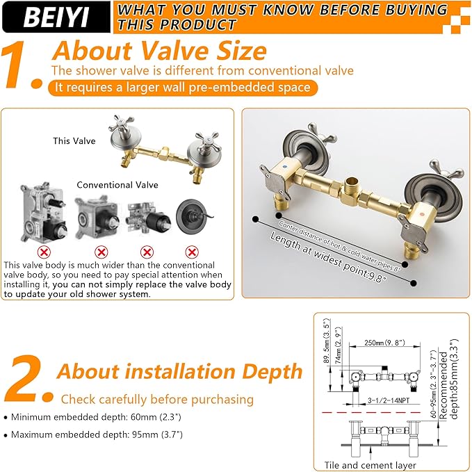 2 Handle Shower Faucet, Two Handles Shower Faucet Set with 5 Modes Rainfall Shower Head 2 Knobs Single Function Shower Trim Kit with Brass Rough-in Valve, Brushed Nickel