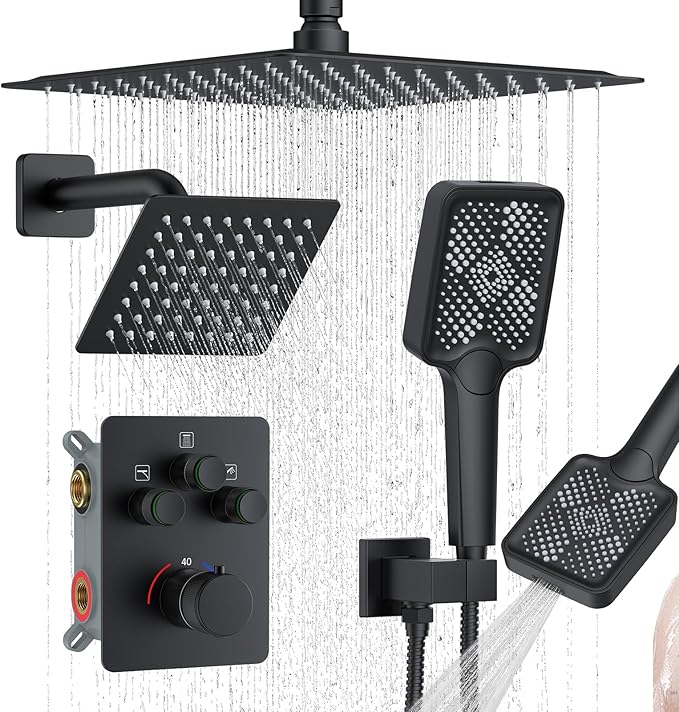 KOJOX Matte Black Thermostatic Shower System, Push Button Diverter Shower Faucet Set with 12" Ceiling Mount Rain Shower, 6" Wall Mount Shower Head, and 4-in-1 Handheld Spray