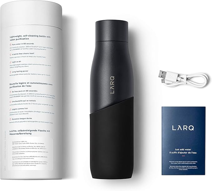 LARQ Bottle Movement PureVis 24 oz - Lightweight Self-Cleaning and Non-Insulated Stainless Steel Water Bottle with UV Water Purifier | Reusable & Travel Friendly, Black/Onyx