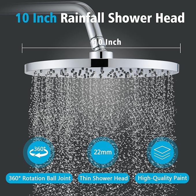 PROOX 3 Handle Tub Shower Faucet Set, 10" Rainfall Shower Head with Tub and Shower Trim Kit with Rough-in Valve, Polished Chrome Bathtub Shower Faucets, Wall Mounted Bathroom Rain Shower System