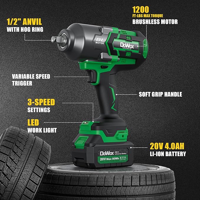Cordless Impact Wrench 1/2 Inch, High Torque 1200 Ft-lbs Brushless Impact Gun, 20V Power 4.0 Ah Battery, Fast Charger, 5 Pcs Sockets and Tool Box Kit