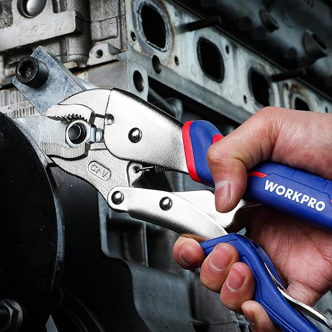 WORKPRO 4-Piece Locking Pliers Set with Comfortable Grip, 5-1/2", 7" and 9" Curved Jaw Locking Pliers, 6-1/2" Long Nose Locking with Storage Bag, Blue&red