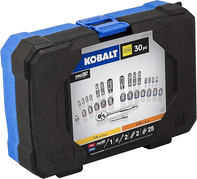 Kobalt 573349 30-Piece 1/4 and 3/8-Inch Drive Mechanic's Tool Set with Hard Case, Inch/Metric