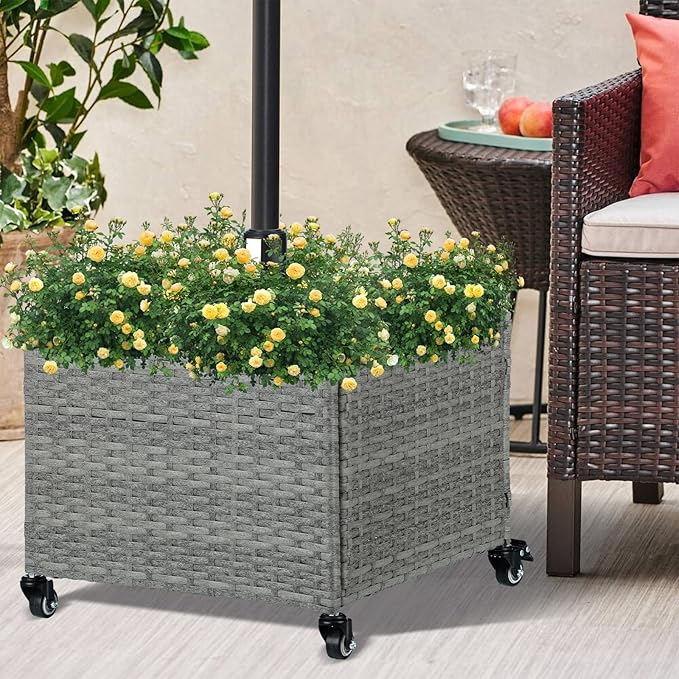 LEWIS&WAYNE Outdoor Umbrella Base with Fillable Planter Box Heavy Duty Patio Umbrella Stand with 4 Wheels Rolling Umbrella Holder for Outdoor Patio Deck Garden
