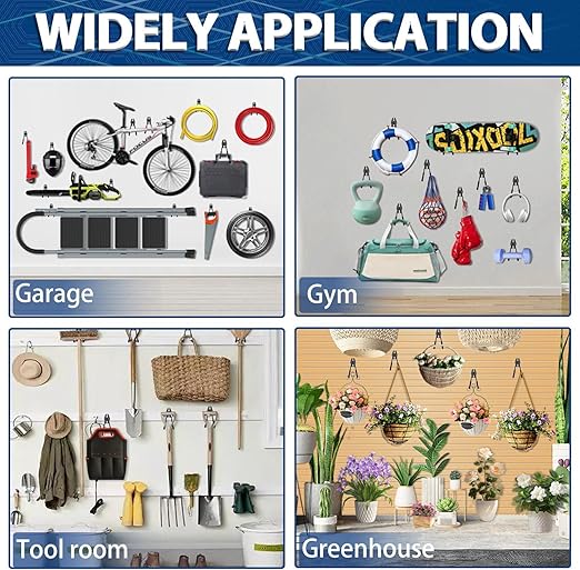3-H Garage Wall Hooks 60 Pack, Heavy Duty Garage Hooks with Extra Welding Spots, Wall Mount Storage Organizer for Hanging Garden Lawn Tools, Ladder, Bike, WeedEater, Chair, Shovel, Blower (Black)