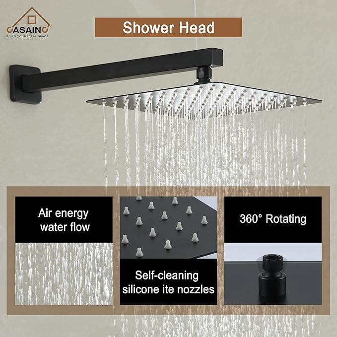 CASAINC Rainfall Shower Head Combo Set 10 Inches Bathroom Luxury Rain Shower Head with Handheld Spray Wall Mounted Shower Faucet Set with Valve and Trim (Matte Black)