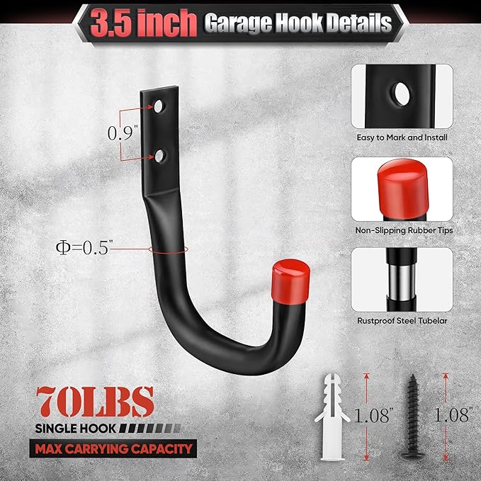 Nacial 10 Pack Garage Hooks Heavy Duty, 15" & 3.5" Kayak Storage Hook with EVA Pads, 100LBS Capacity Garage Hooks for Hanging Bikes, Kayak Folding Chairs and Hanging Ladders, Father's Day Gifts