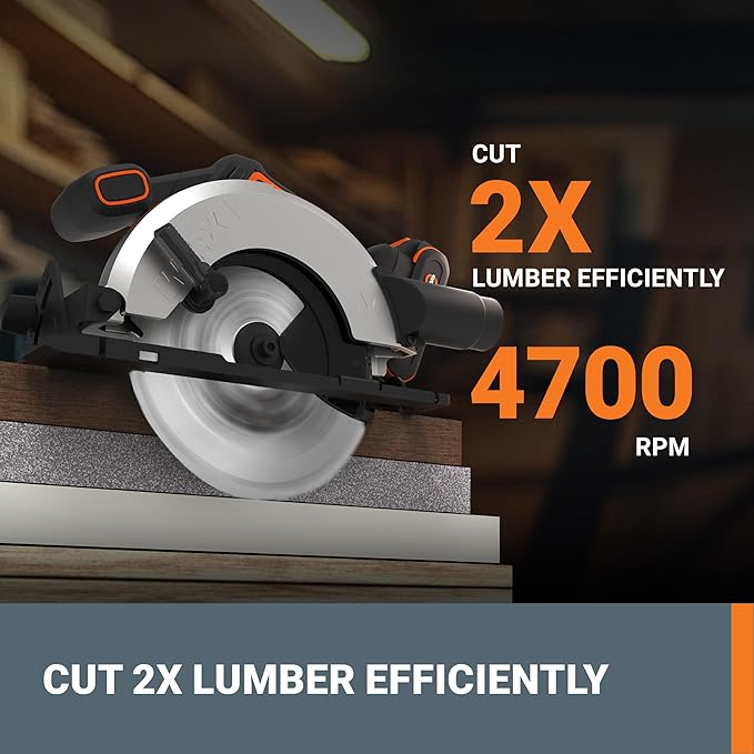 Worx 20V Cordless Electric Circular Saw 6-1/2'' Max. 2-3/16" Cutting Depth 4700 Rpm 0-50° Bevel Capacity 2.0 Ah Battery and Charger Included WX526L
