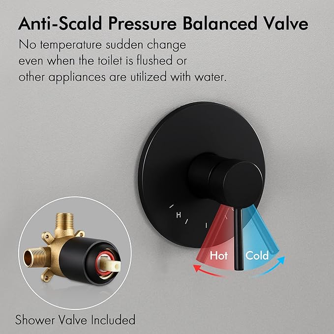 KES Shower Faucets Sets Complete Rain Shower Head Shower Valve and Trim Kit Wall Mount Pressure Balance Black Shower System, XB6202F18-BK
