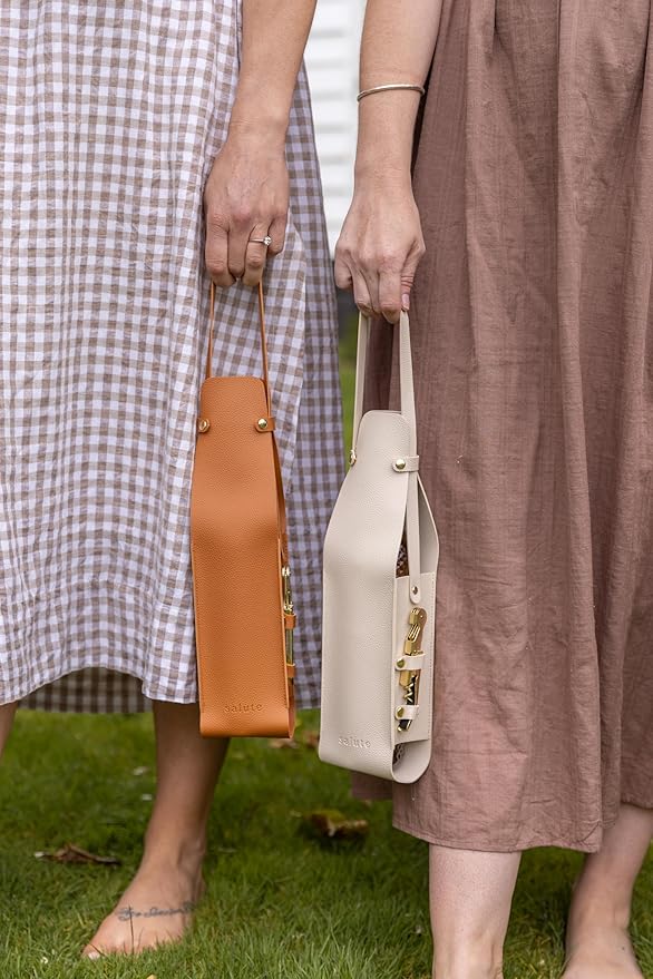 Salute NEW Wine Bottle Carrier with Corkscrew | Vegan Leather Tote Gift Bag Corporate Gift idea Picnic Travel Tastings Wine Gift Beach Party BYOB Restaurant Valentines Day (Cream)