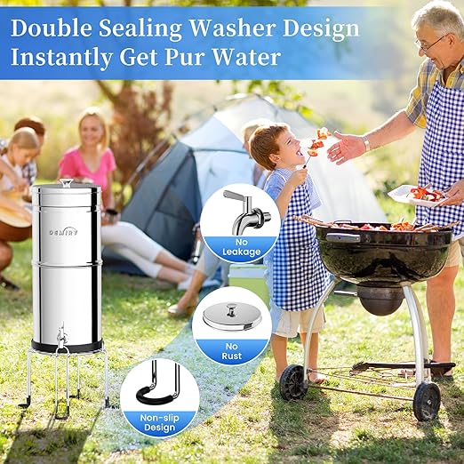 3.25G Gravity Water Filter System, NSF/ANSI 42&372 Standard, 304 Stainless Steel Countertop System with 3 Carbon Filters and Stand, Reduce 99% Chlorine and Lead