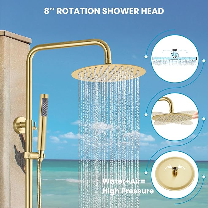 gotonovo Outdoor Shower Fixtures SUS304 Stainless Steel Rain Shower Kit Faucet High Pressure Wall Mount 2 Dual Function 8 Inch Showerhead and Handheld Spray Combo, Single Handle, Brushed Gold