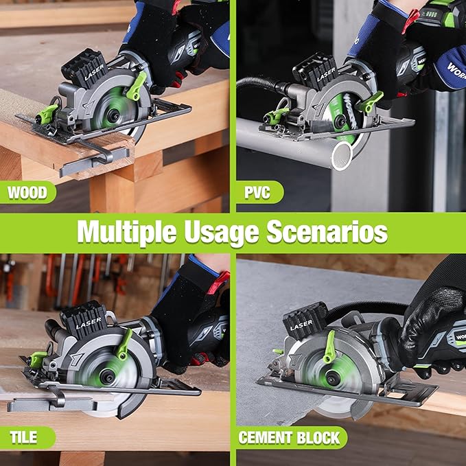 WORKPRO 20V Cordless Mini Circular Saw, 4-1/2" Compact Wireless Circular Saw 4.0Ah Battery, Fast Charger, 3 Blades, 4500RPM, Laser Guide, Max Cutting Depth 1-11/16"(90°), 1-1/8"(45°)
