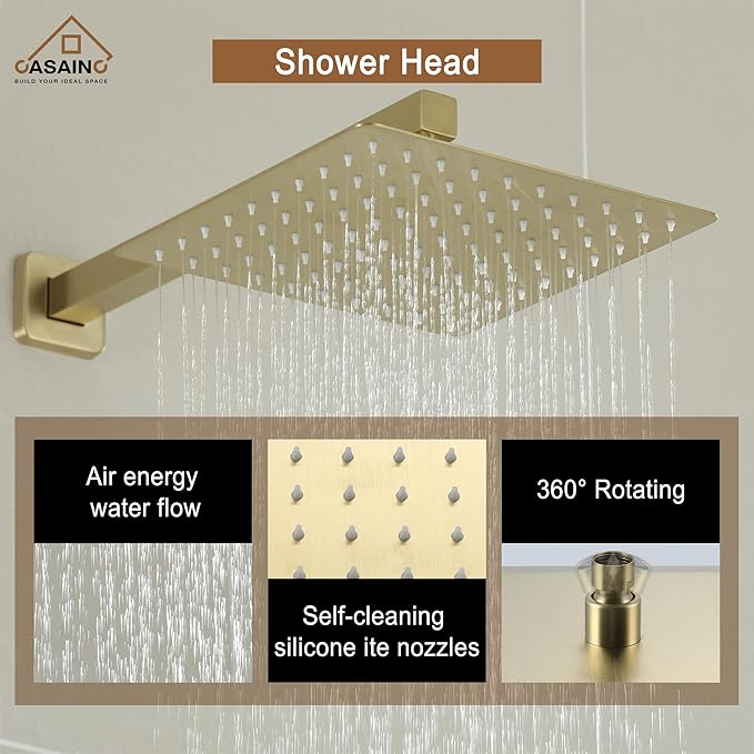 CASAINC Rainfall Shower Head Combo Set 10 Inches Bathroom Luxury Rain Shower Head with Handheld Spray Wall Mounted Shower Faucet Set with Valve and Trim (Brushed Gold)