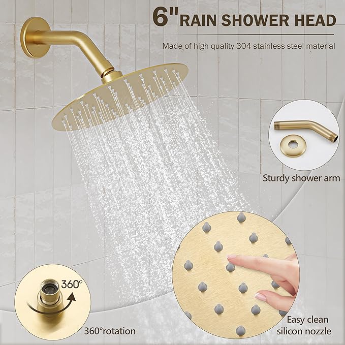 Tub Shower Faucet Set, Tub and Shower Trim Kit with 6 Inch High-Pressure Rian Shower Head,Shower Head and Handle Set, Brushed Gold