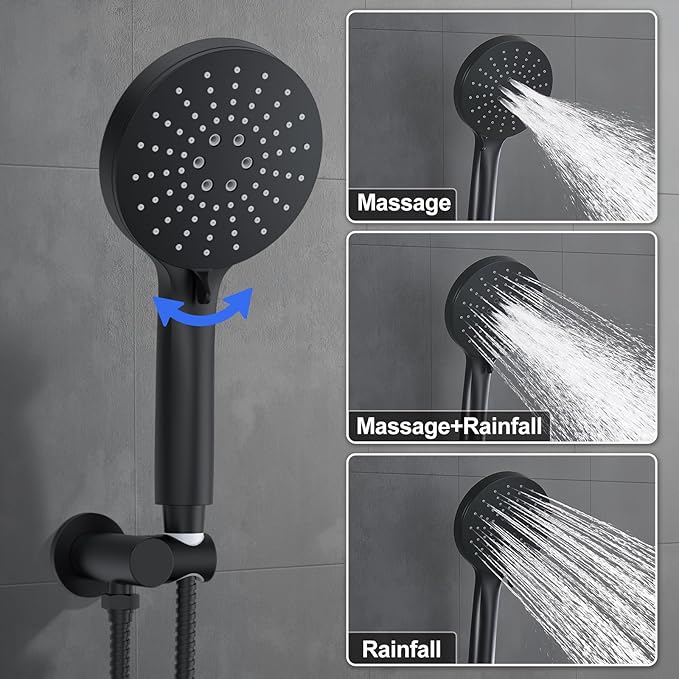 KOJOX Matte Black Thermostatic Shower System, Push Button Diverter Shower Faucet Set with 12" Ceiling Mount Rain Shower, 8" Wall Mount Shower Head, and 3-in-1 Handheld Spray