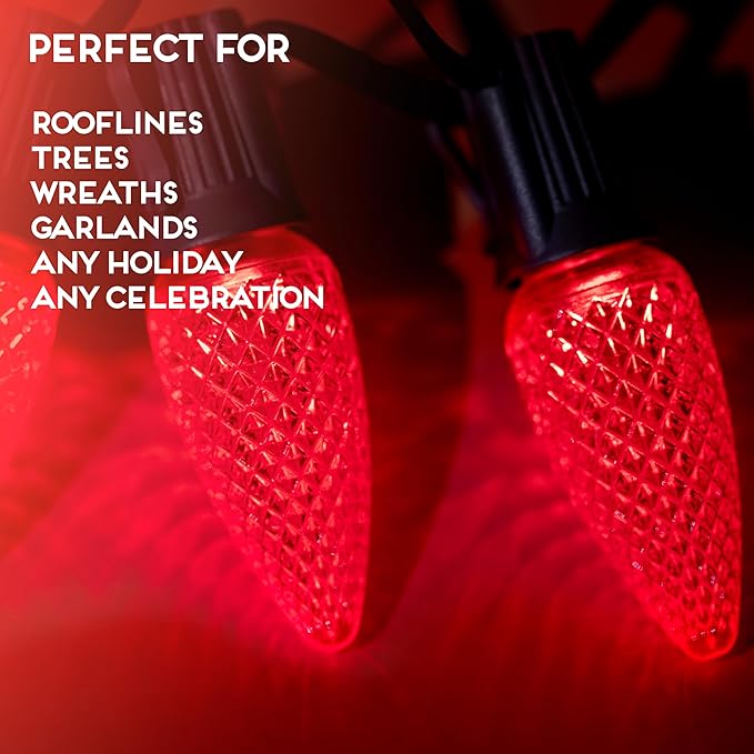 HLO Lighting Set of 500 Red C9 Faceted LED Christmas Light Bulbs for Indoor & Outdoor Use | Durable Replacement Bulbs