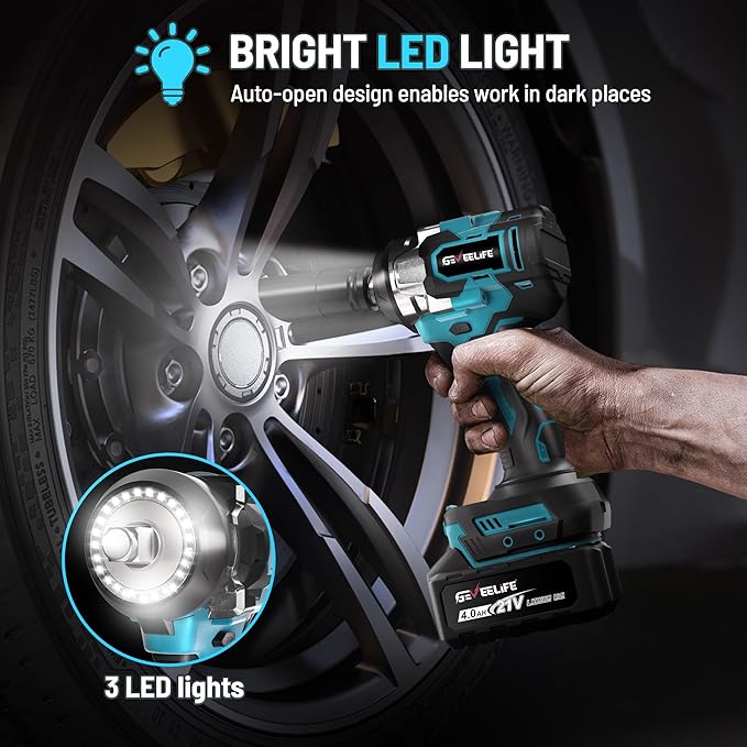 650N.m/480Ft-lbs Brushless Impact Wrench,1/2" Cordless Impact Gun w/ 2x4.0Ah Battery & 6 Sockets, 3300RPM Power Electric Impact Driver for Car/DIY Furniture/Lawn Mower, Blue Toolbox