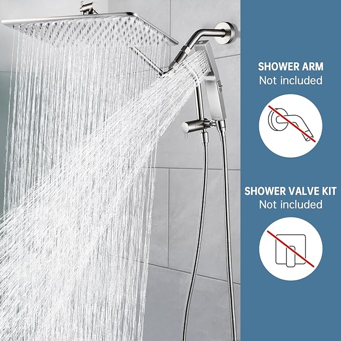 G-Promise All Metal 14 Inches Rain Shower Head with Handheld Built-in Power Wash Mode, 3-way Diverter with Pause Setting, 11 Inches Adjustable Extension Arm, Long Hose (Brushed Nickel, 14 Inches)