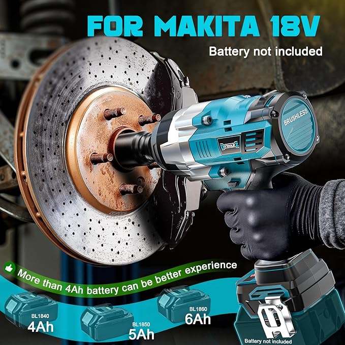 3/4" Cordless Impact Wrench Compatible with Makita 18V Battery: 1850FT-LBS(2500N.m) High Torque Impact Driver, Auto-Stop Reverse, 4-Speed Heavy Duty Impact for Car/Truck/Mower(Bare Tool)
