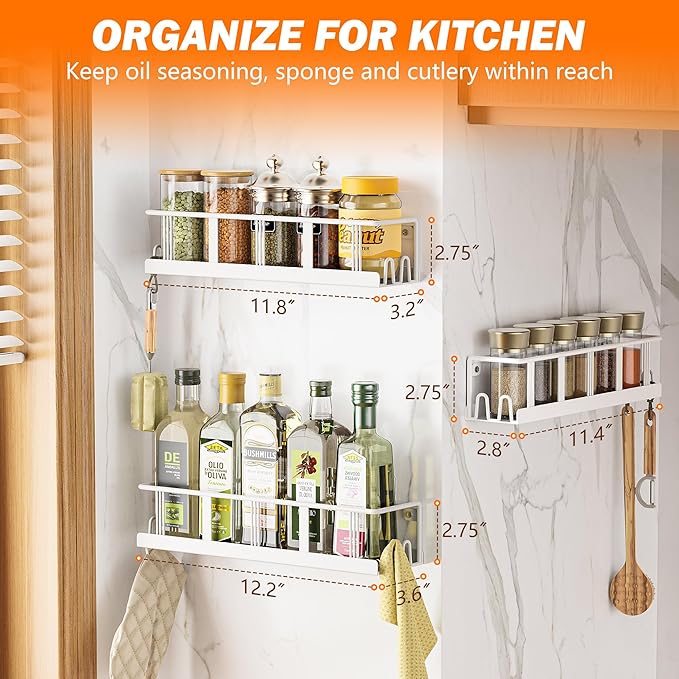 Spice Rack Wall Mounted 3 Pack, Space-Saving Spice Organizer for Spice Jars and Seasonings,Screw or Adhesive Hanging Spice Rack Organizer for Your Kitchen Cabinet,or Pantry Door White