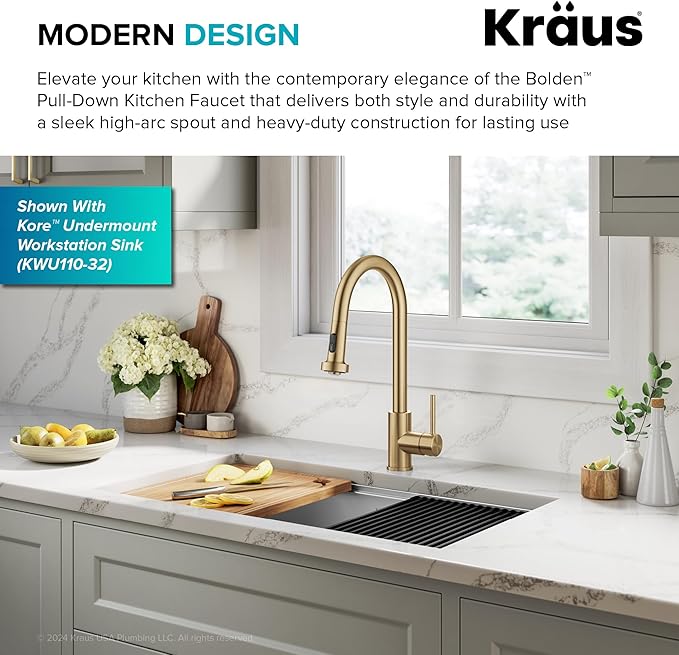 KRAUS Bolden 2-Function Single Handle Pull Down Kitchen Faucet in Spot-Free Brushed Brass, KPF-1616BB