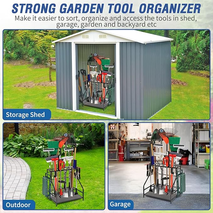 Garden Tool Organizer for Garage, Garden Tool Rack, Up to 58 Long Handled Tools, Yard Tool Holder for Garage, Shed, Outdoor, Tool Stand, Black (Garden Tool Rack)