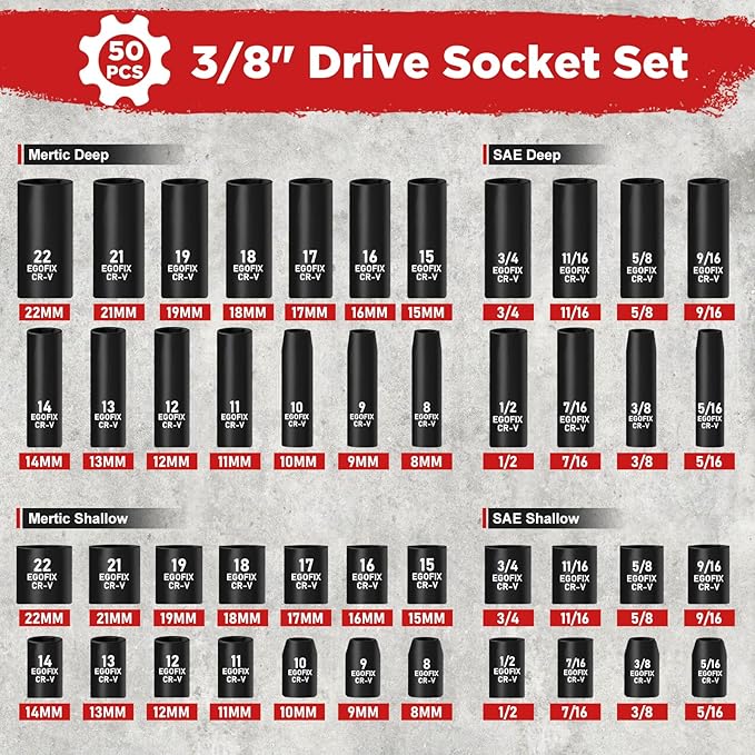 3/8" Drive Impact Socket Set, 50 Piece Standard SAE (5/16 to 3/4 inch) and Metric (8-22mm) 6 Point, with Adjustable Ratchet Handle, Extension Bars, Impact Universal Joint, Adapter, Cr-V Steel