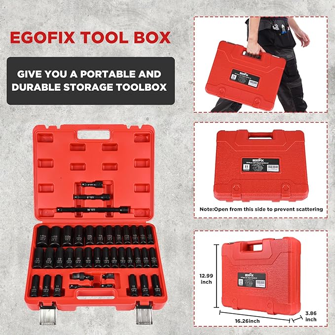 1/2” Drive Impact Deep Socket Set, 39 Pieces Metric(8-24mm)/SAE(5/16 to 1-1/4), CR-V Steel Tool Set with 3”, 5”, 10” Extension Bar, Adapters