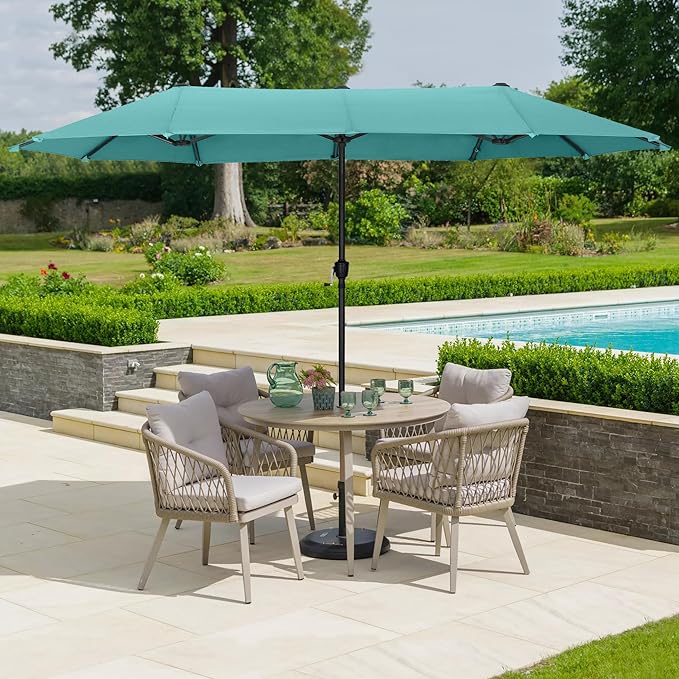 HERA'S PALACE 13 Ft Double-Sided Twin Patio Umbrella, Outdoor Double Sided Market Patio Umbrella with Crank, Powerful UV Protective (Turquoise)