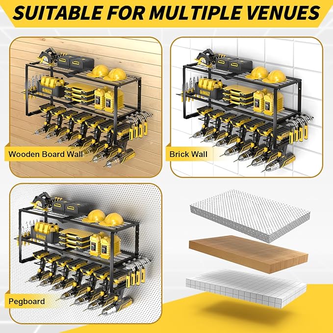 Large Power Tool Organizer Wall Mount,3 Layer Heavy Duty Tool Storage Rack Loads 150lbs,With 7 Cordless Drill Holders,Workshop,Utility Racks for Garage Workshop,Shed - Cool Gifts for Men,Dad,Husband