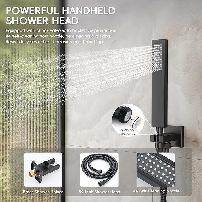 Alesco Shower Faucet Set, Black Shower System with 12-Inch High-Pressure Rainfall Showerheads and Handheld Spray combo, Showerfixture Include Valve and Trim Kit, Matte Black