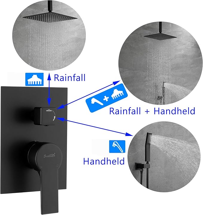 Ceiling Mounted Rain Shower System, SHAMANDA Luxury Brass Shower Faucet Set with 12 Inch Shower Head and Hand Shower(Including Rough-In Valve Body and Trim), Matte Black, LCM701-7